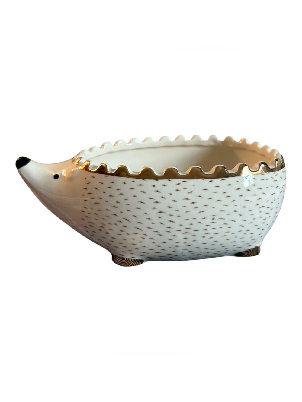 Signature White & Gold Ceramic Hedgehog Bowl EUC Whimsy China Animal Print